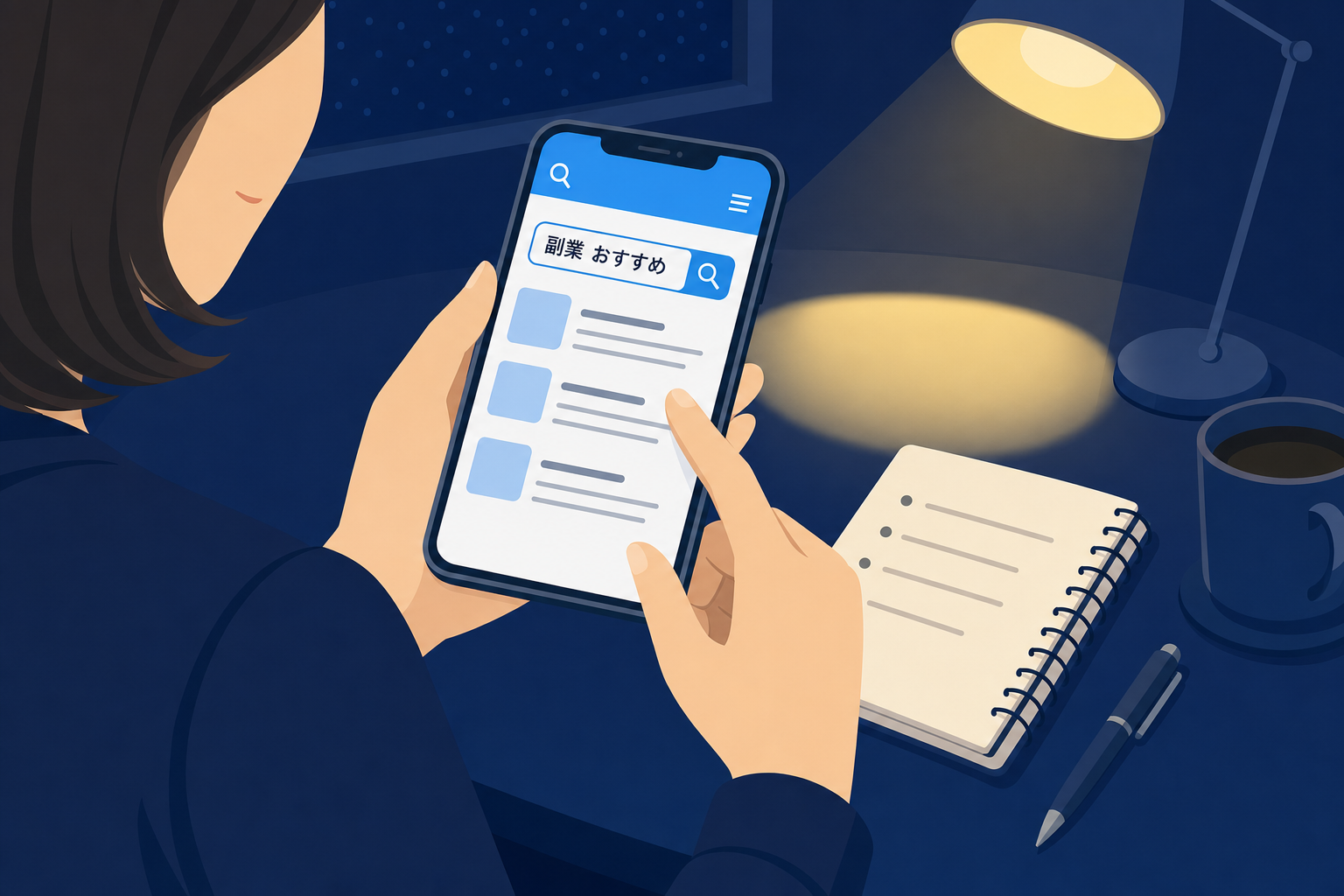 夜のデスクでスマホを手に「副業 おすすめ」と検索している女性の手元