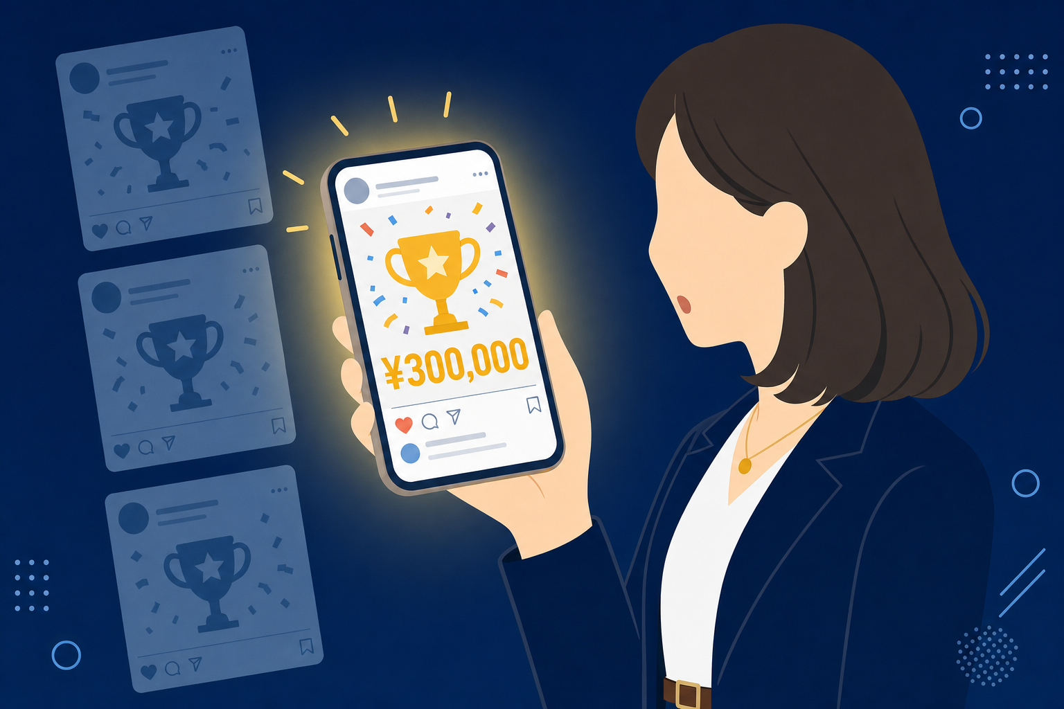 SNSで「月収〇〇万円達成!」という投稿を見て画面に見入る人の横顔
