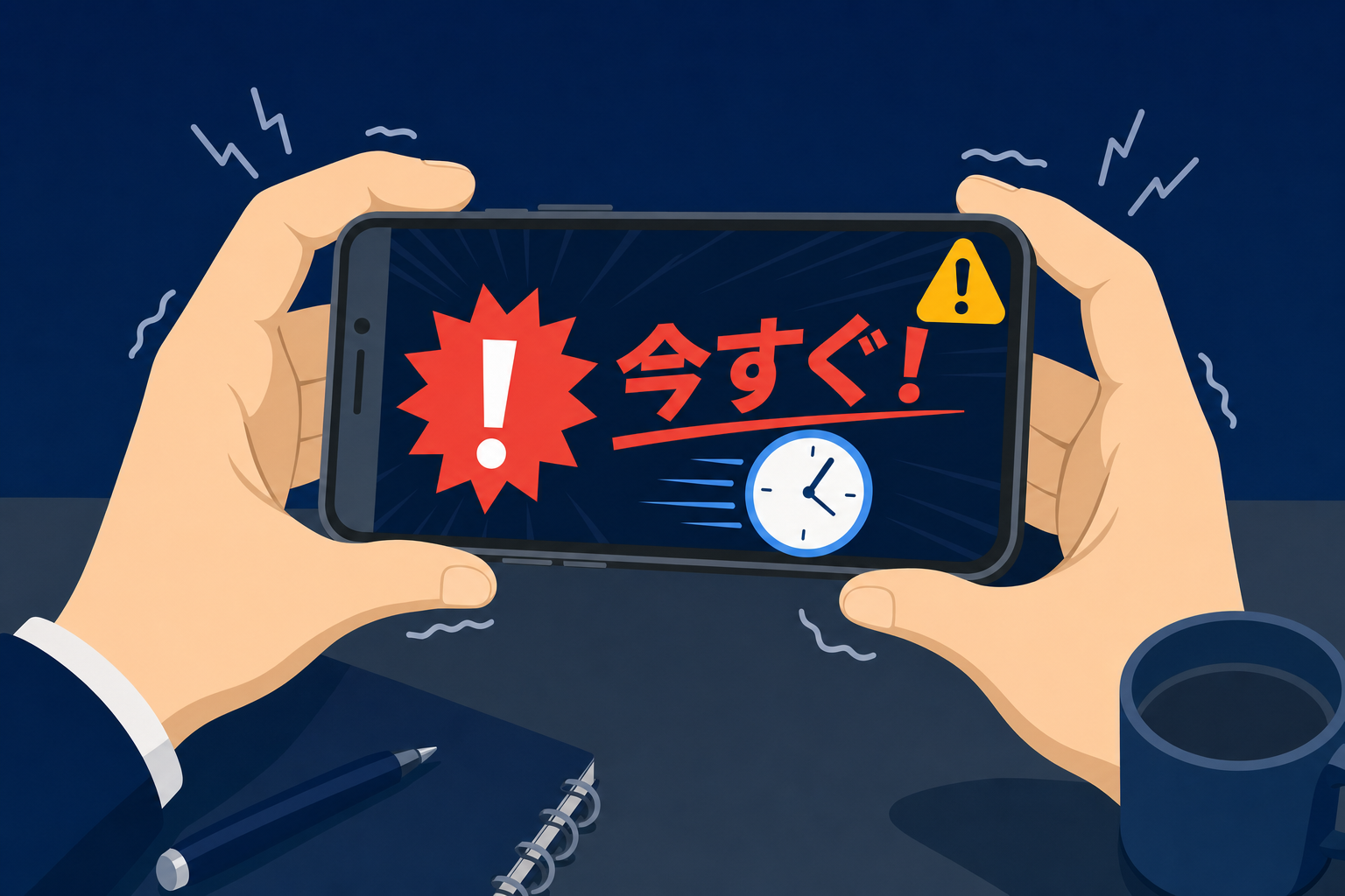 「今すぐ稼げる!」という広告文に惹きつけられてスマホを持つ手のアップ