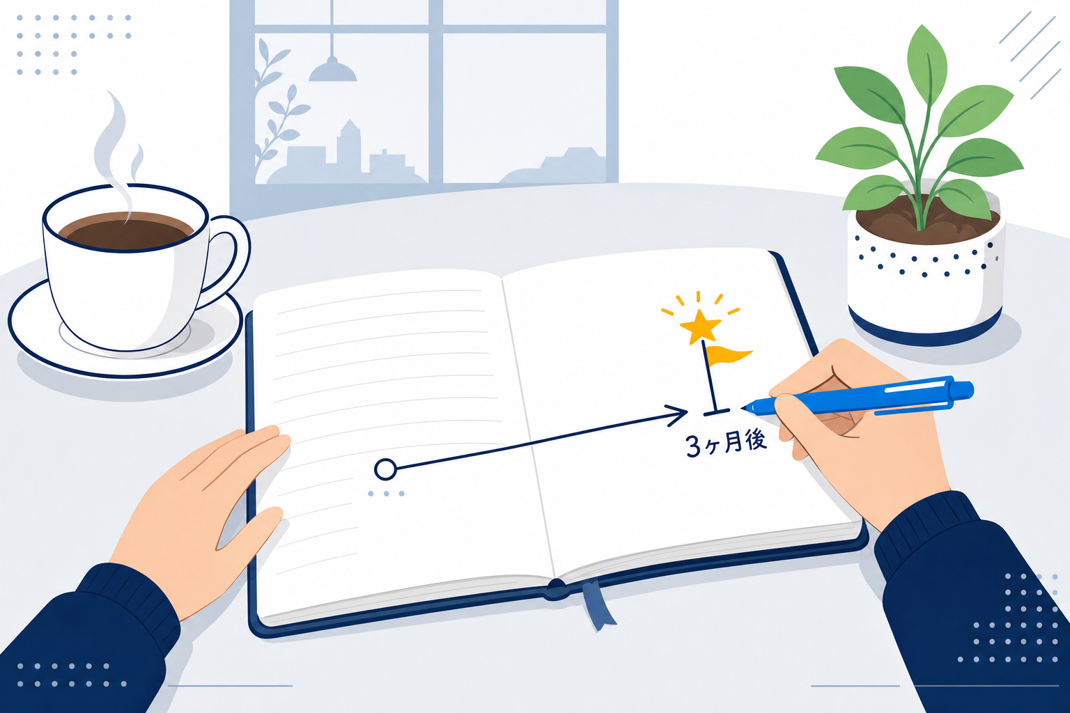 カフェのノートに「3ヶ月後の自分」を書き込んでいるシーン