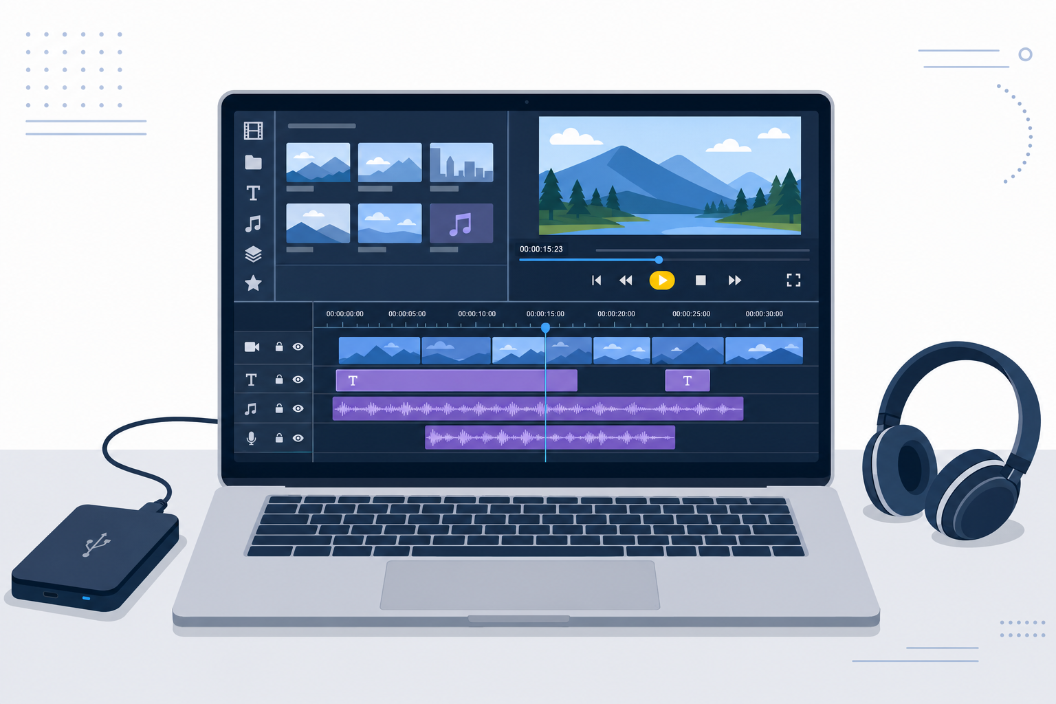 動画編集ソフトのタイムライン画面が映ったノートパソコンのシーン