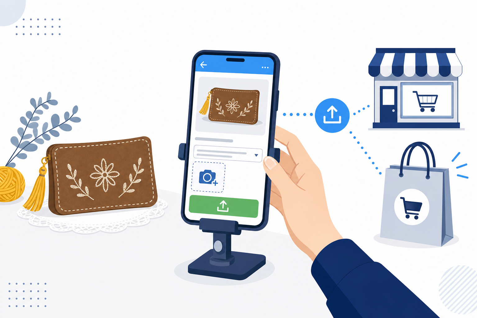 ハンドメイドの小物と、それをスマホで撮影してネットショップに出品しているシーン