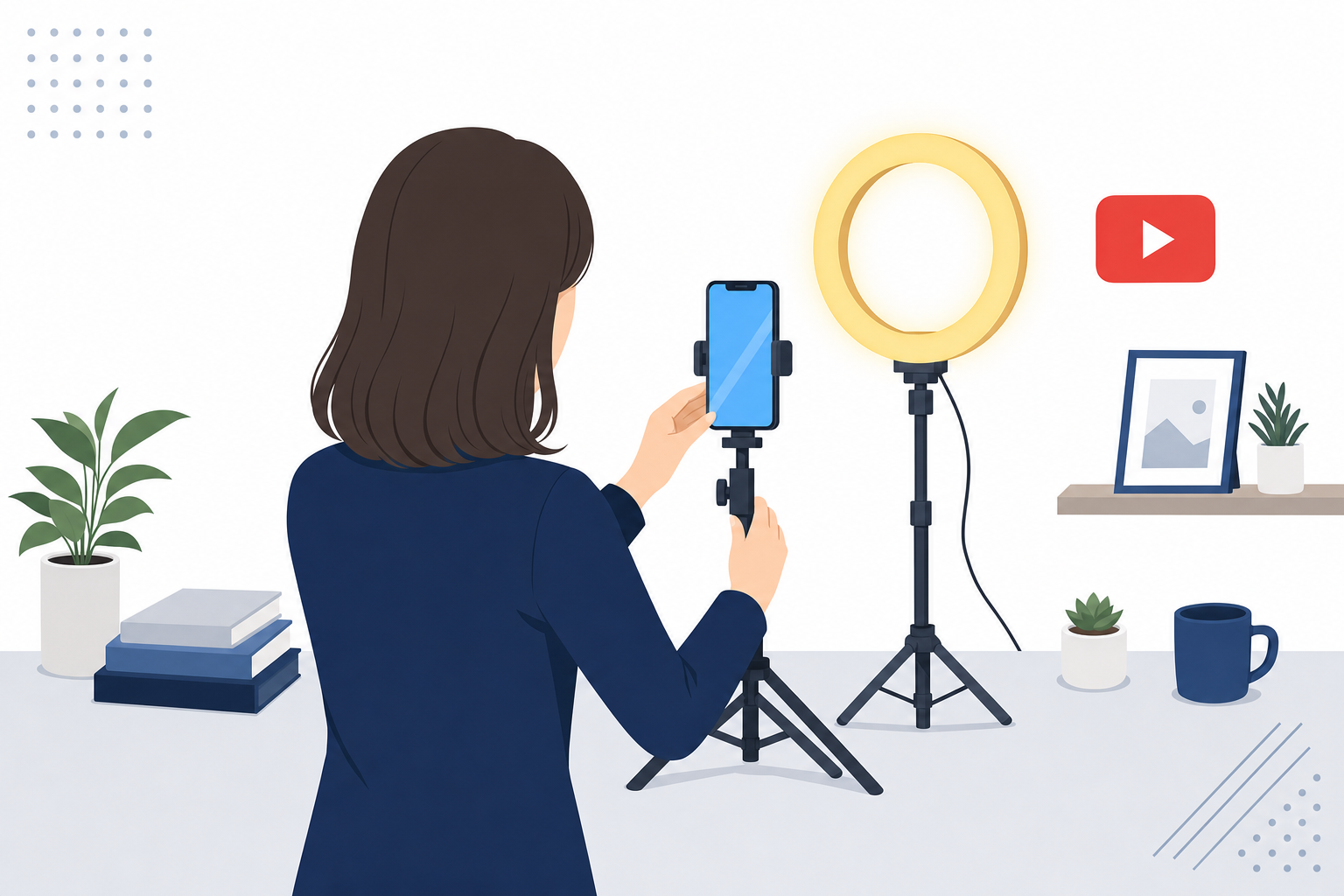 自宅でYouTube撮影の準備をしているシーン(シンプルな照明とスマホスタンドのセットアップ)