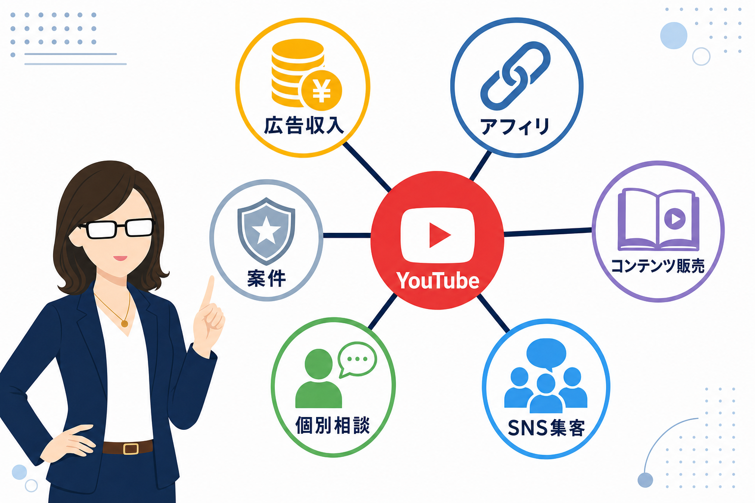 YouTubeを軸に複数の収益源が広がっていくイメージ図(ハブアンドスポーク型の図解)