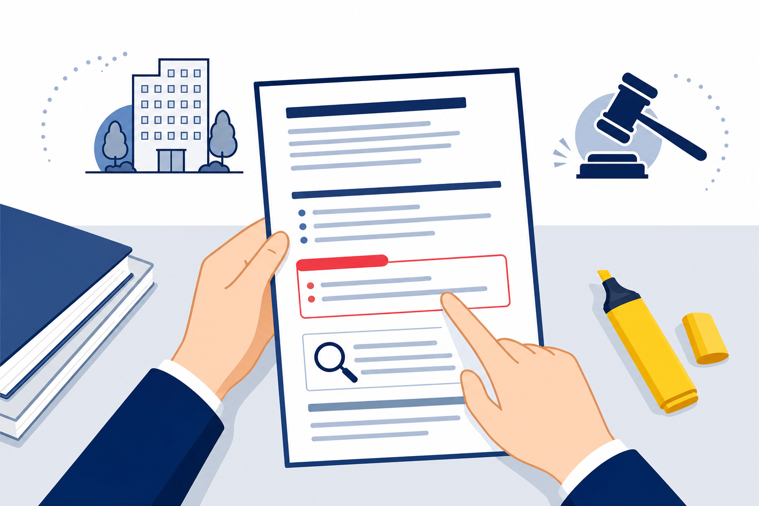 会社の就業規則を確認しているシーン(デスクで書類を読む手元)