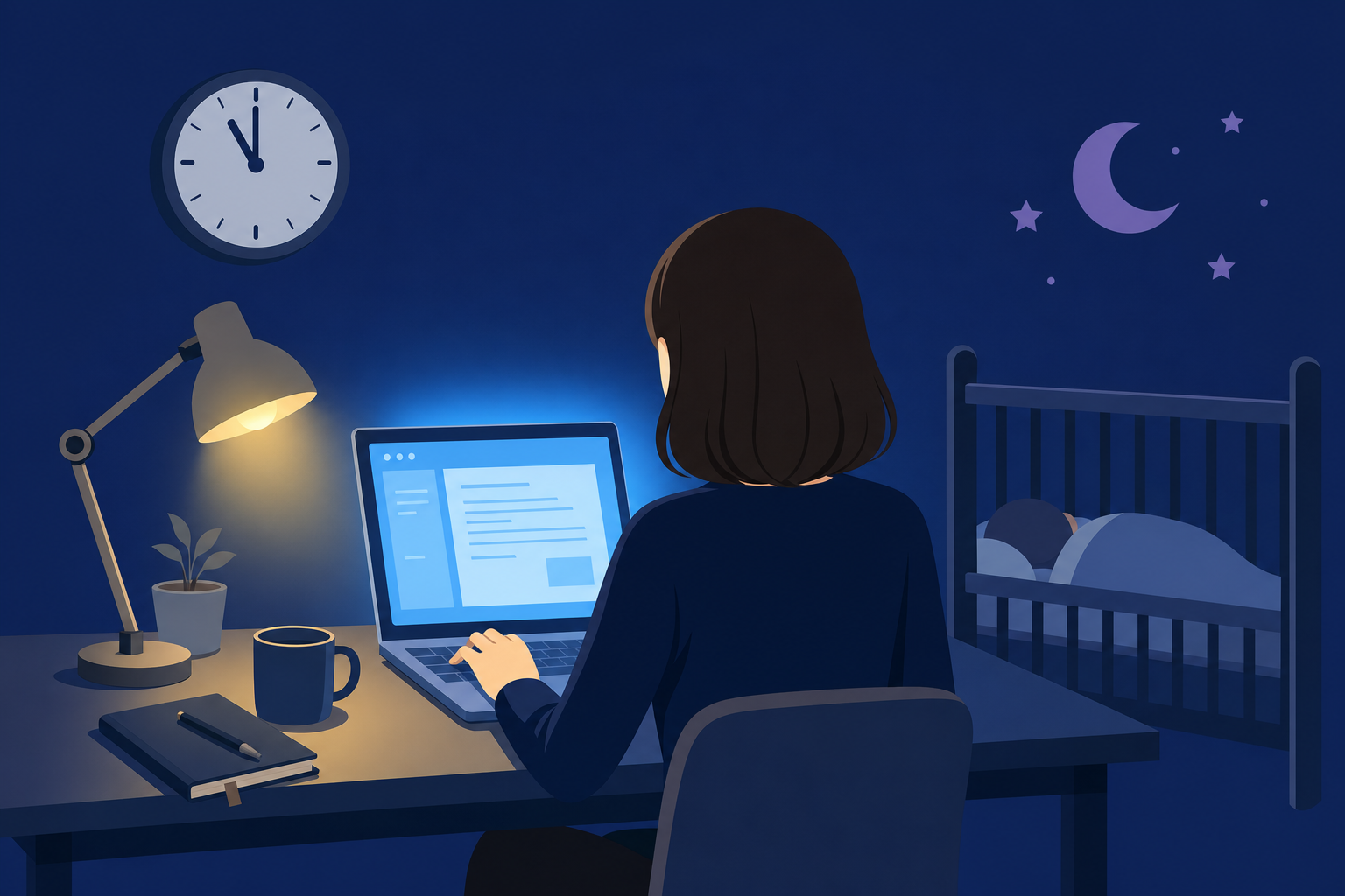 子どもが寝た後の夜間に静かにパソコン作業をしている親の後ろ姿