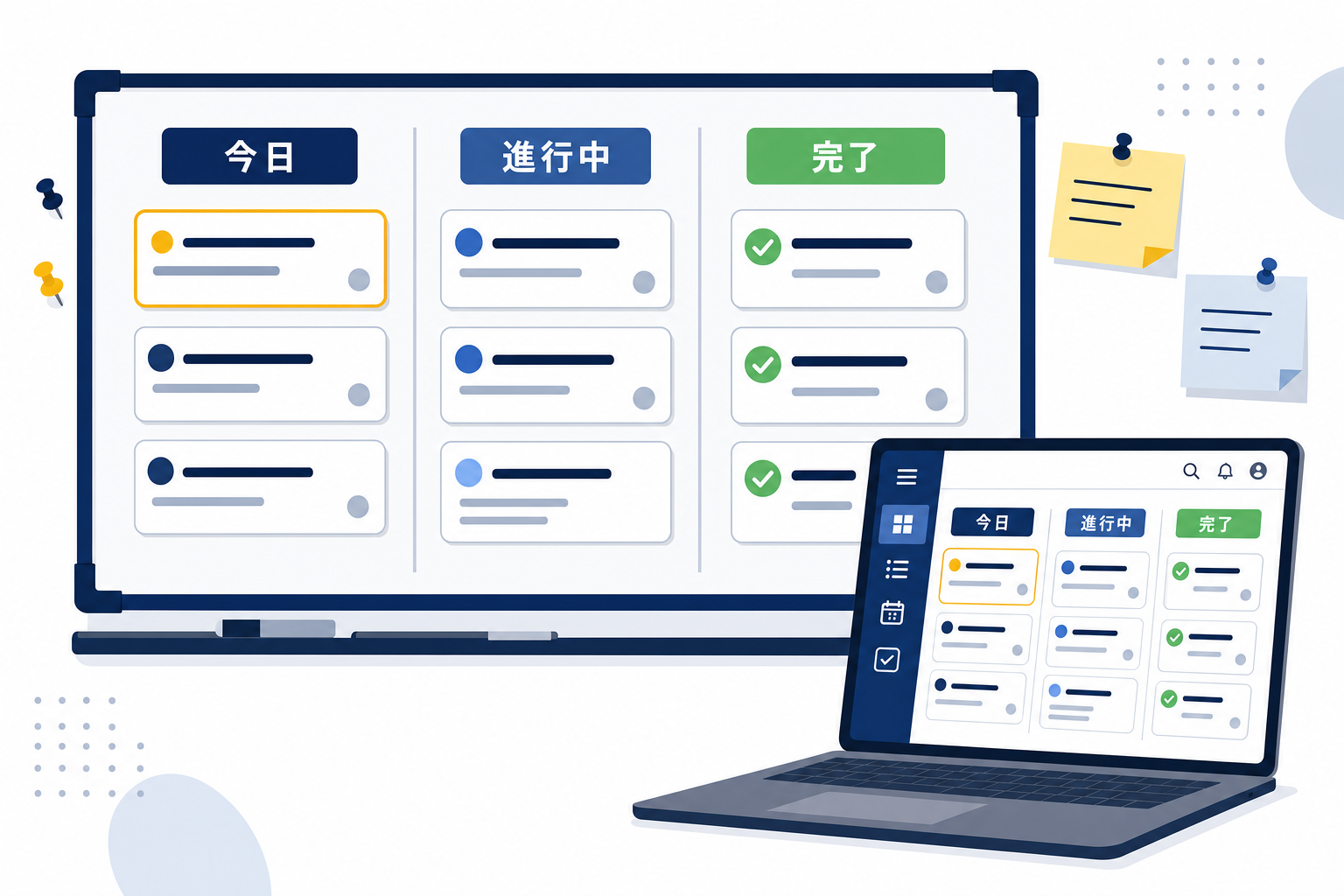 複数のタスクを管理しているホワイトボードやタスク管理ツールの画面