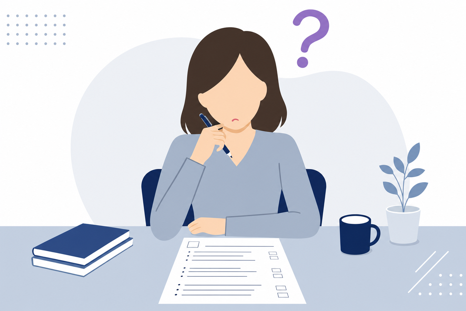 テスト用紙に向かって難しい顔をして考え込んでいる女性のイメージ