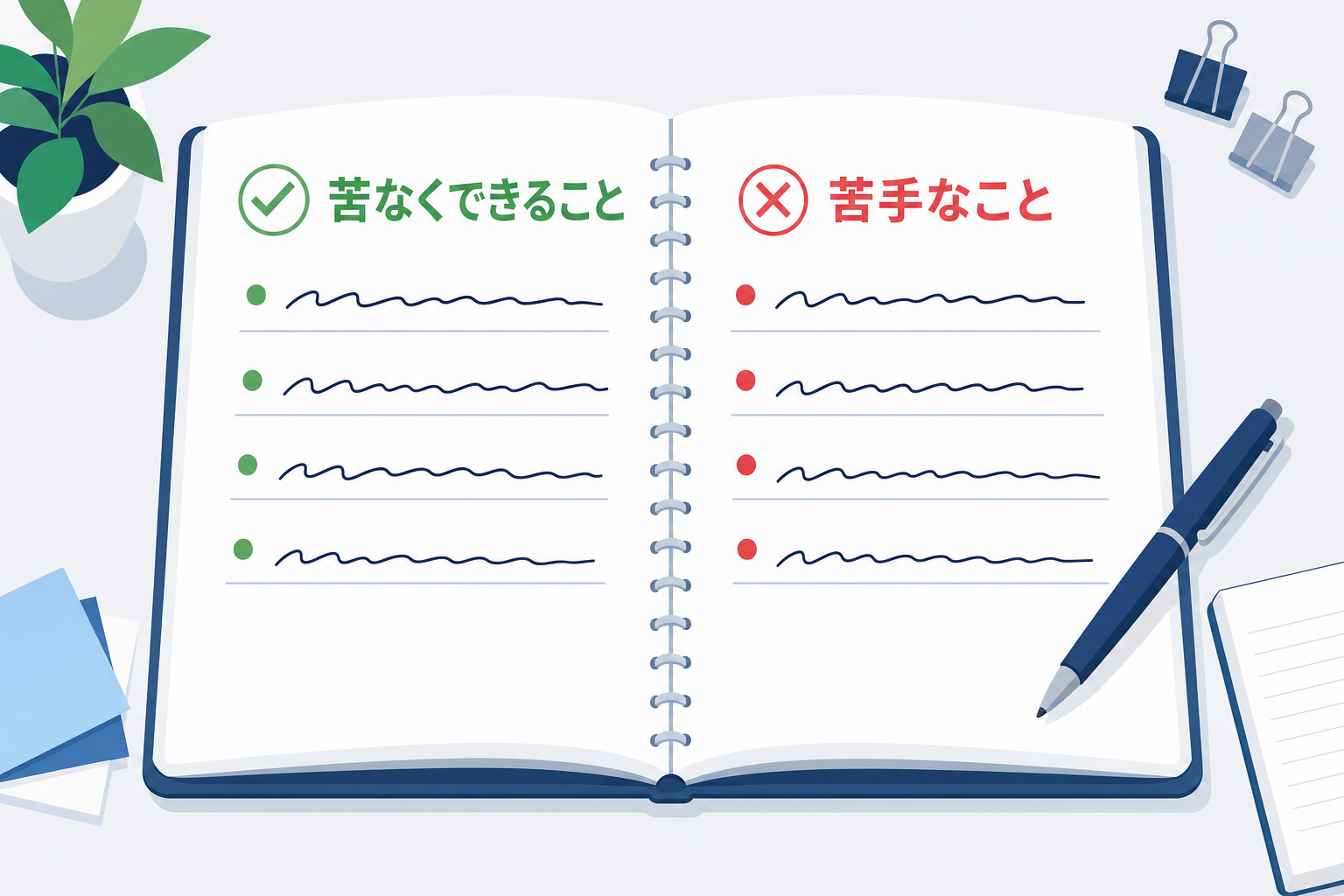 ノートを見開きで使って、左ページに「苦なくできること」右ページに「苦手なこと」を書き出しているシーン