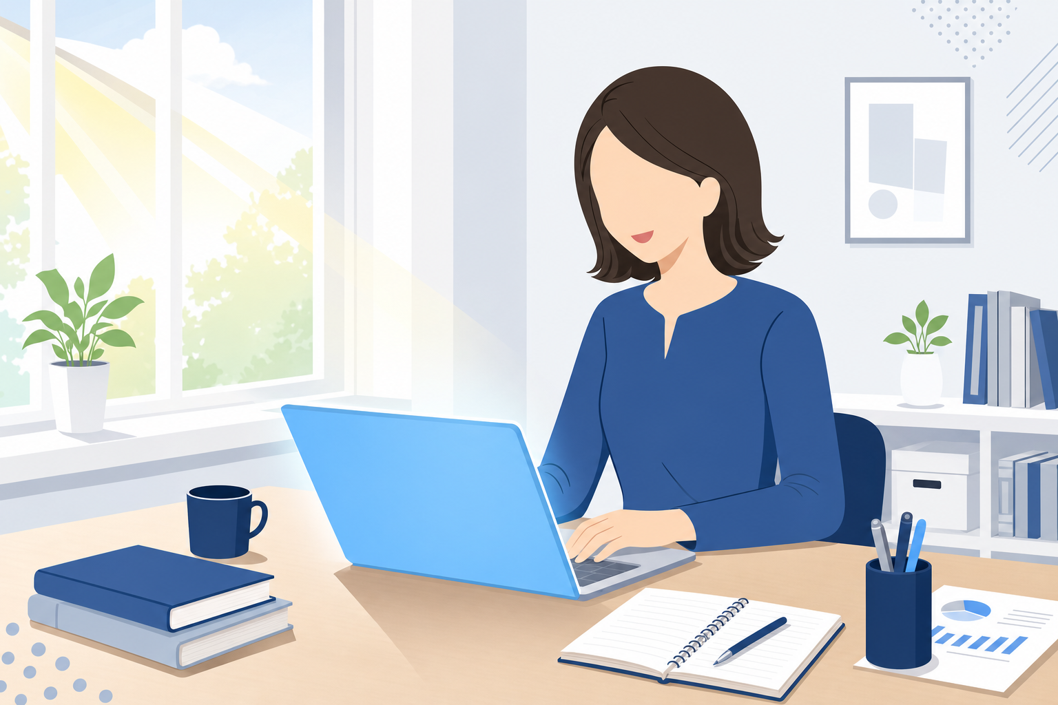 充実した表情でパソコンに向かっている女性のイメージ。窓際の明るい部屋