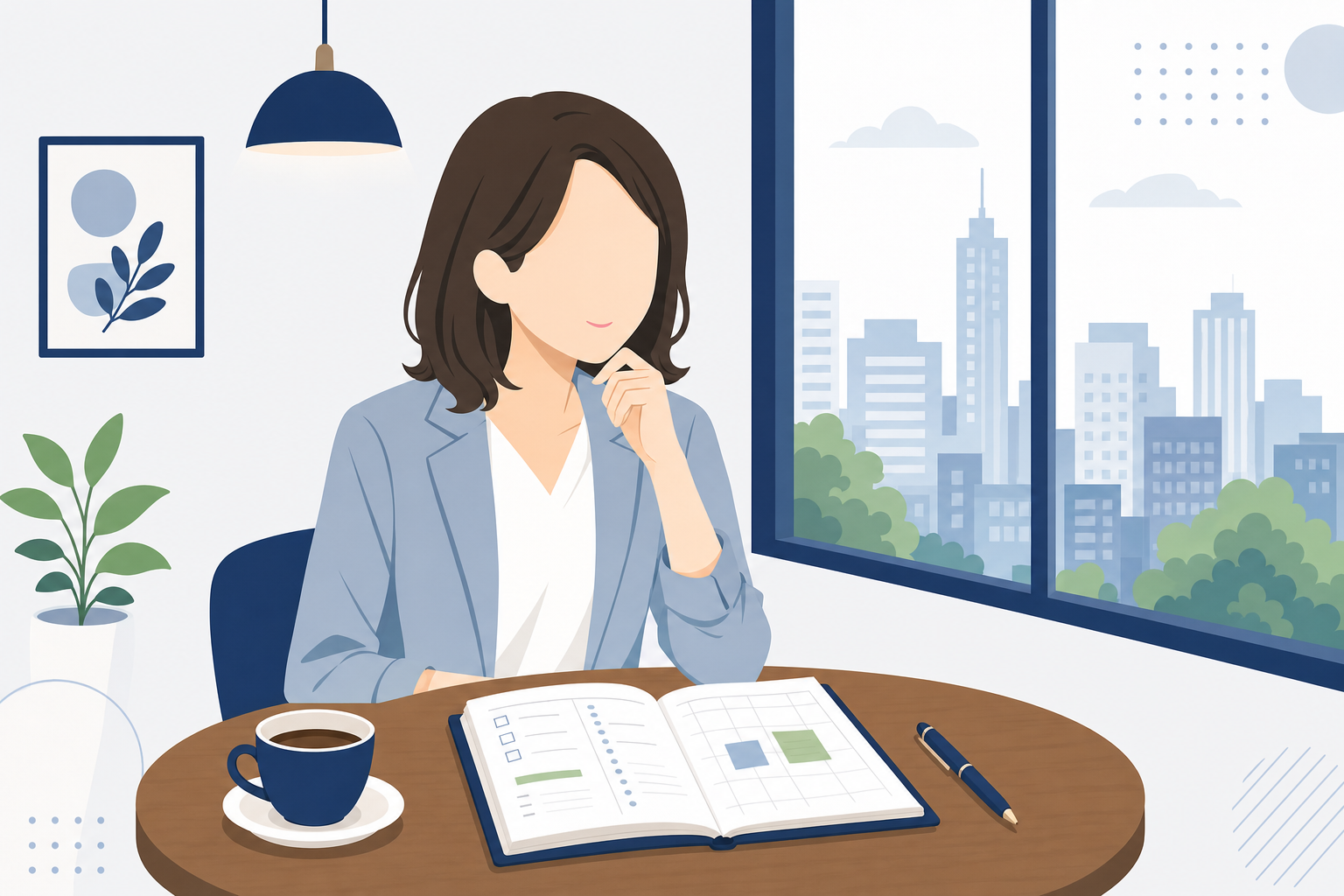 現在の日常を観察しているイメージ。カフェで手帳を開いている女性