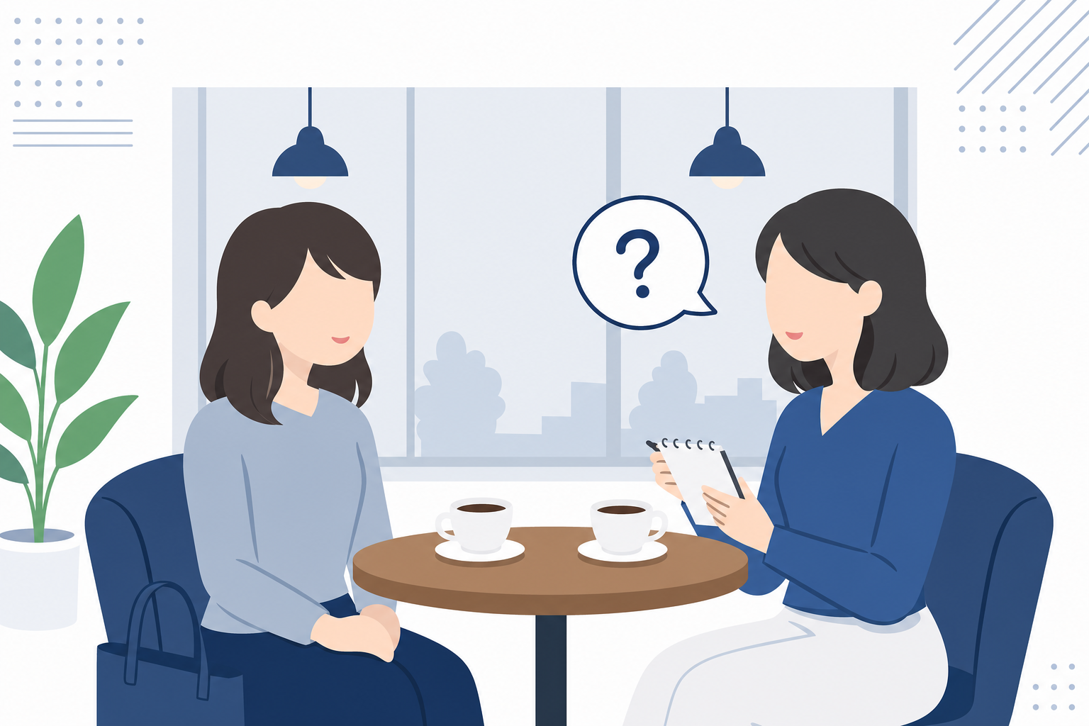 友人とカフェで向かい合って話している女性。インタビューしてもらっているシーン