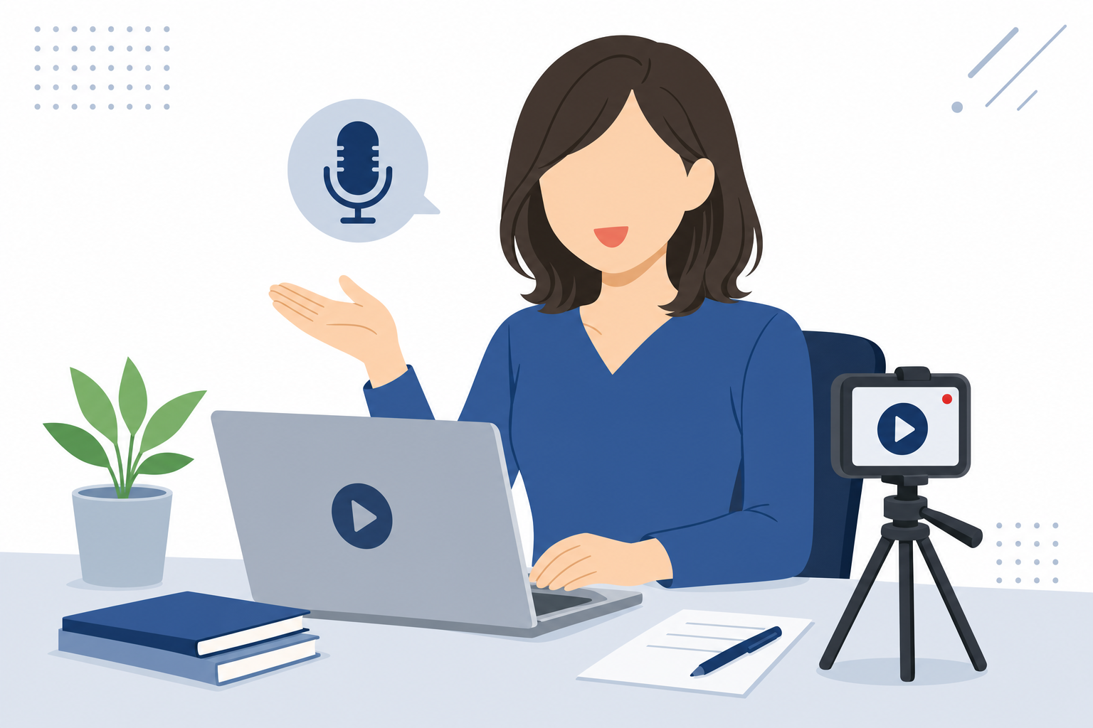 パソコンの前で笑顔でYouTube動画を撮影している女性のイメージ