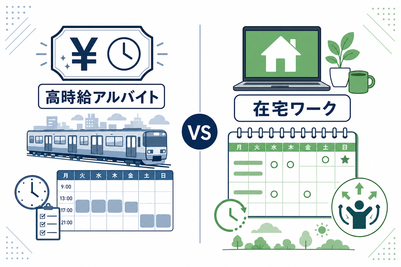 左に「時給の高いアルバイト」の看板、右に「在宅・自由時間」のノートPCのイメージ。どちらを選ぶか迷う様子を示す対比図。