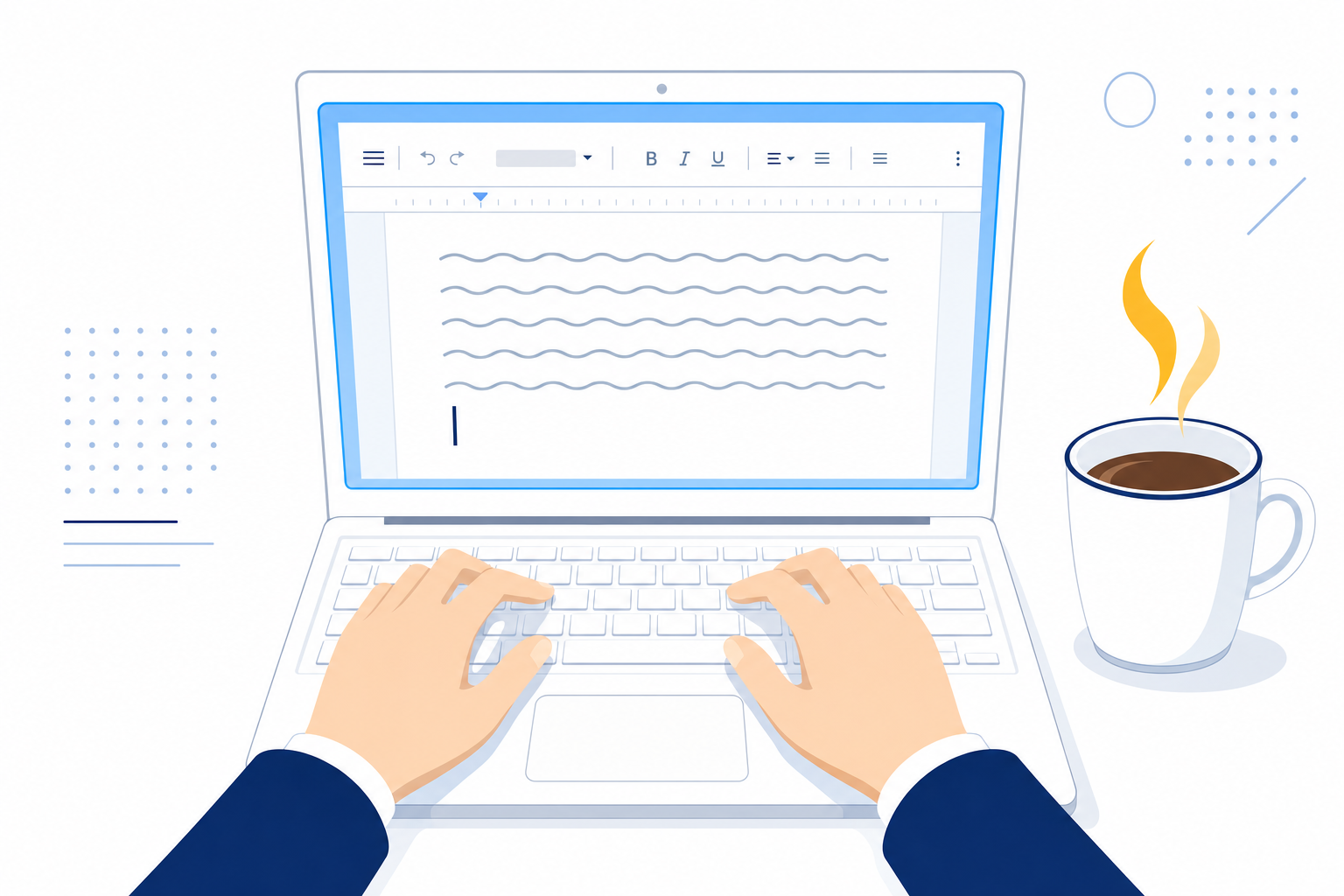 白い背景にキーボードを打つ女性の手元。横にコーヒーカップ。Webライティングのクリーンなイメージ。