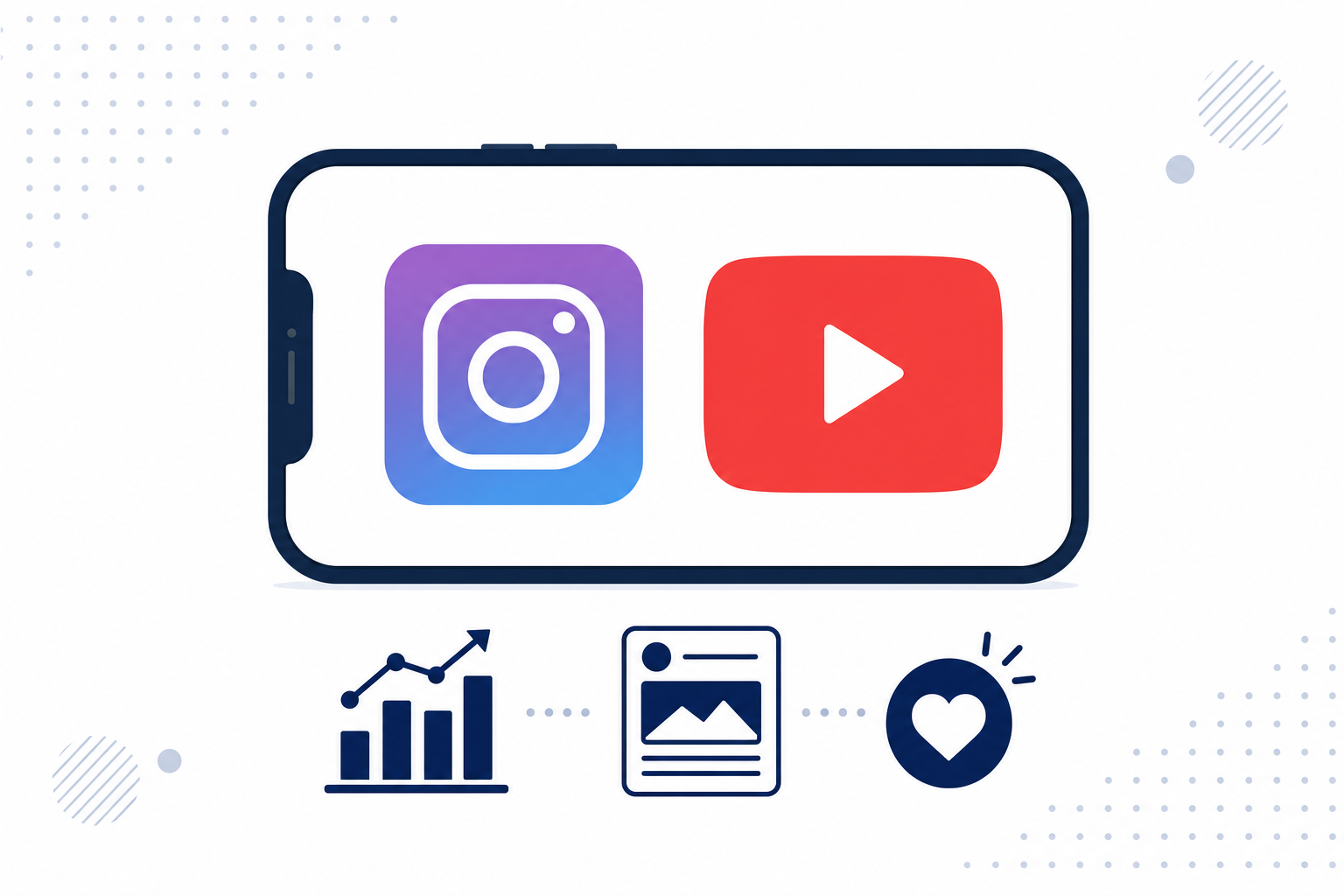 スマートフォンでInstagramとYouTubeのアプリを開いているイメージ。SNS運用サポートのイメージ。明るくシンプルなビジュアル。