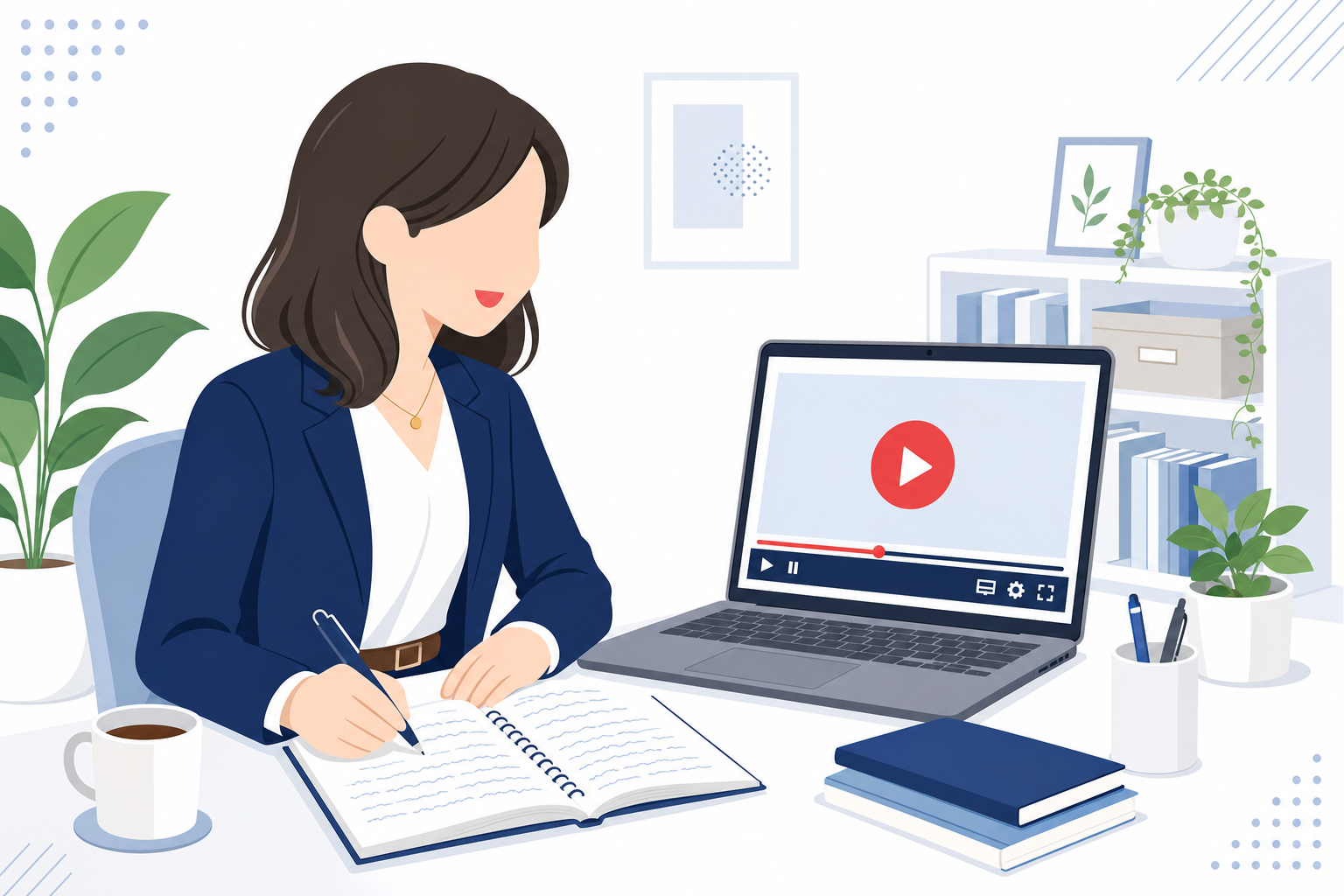 ノートパソコンの前でYouTubeを見ながらメモを取っている女性。学習・副業・YouTubeビジネスのイメージ。明るくポジティブなトーン。