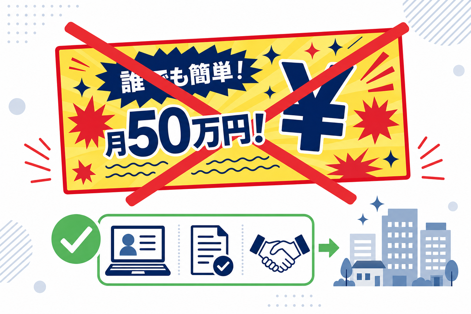「誰でも簡単!月50万円!」という派手な広告バナーに大きな赤い×マークがついているイメージ。警告・注意のビジュアル。