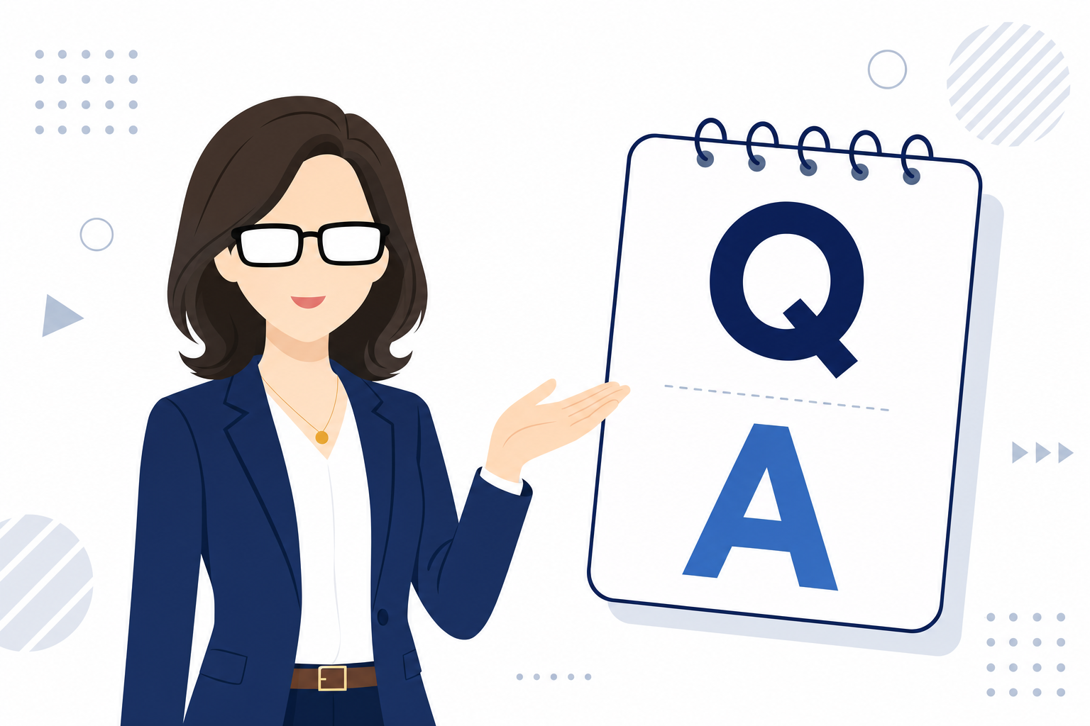 「Q&A」と書かれたノートと鉛筆のイメージ。シンプルで清潔感のあるFAQの入口ビジュアル。