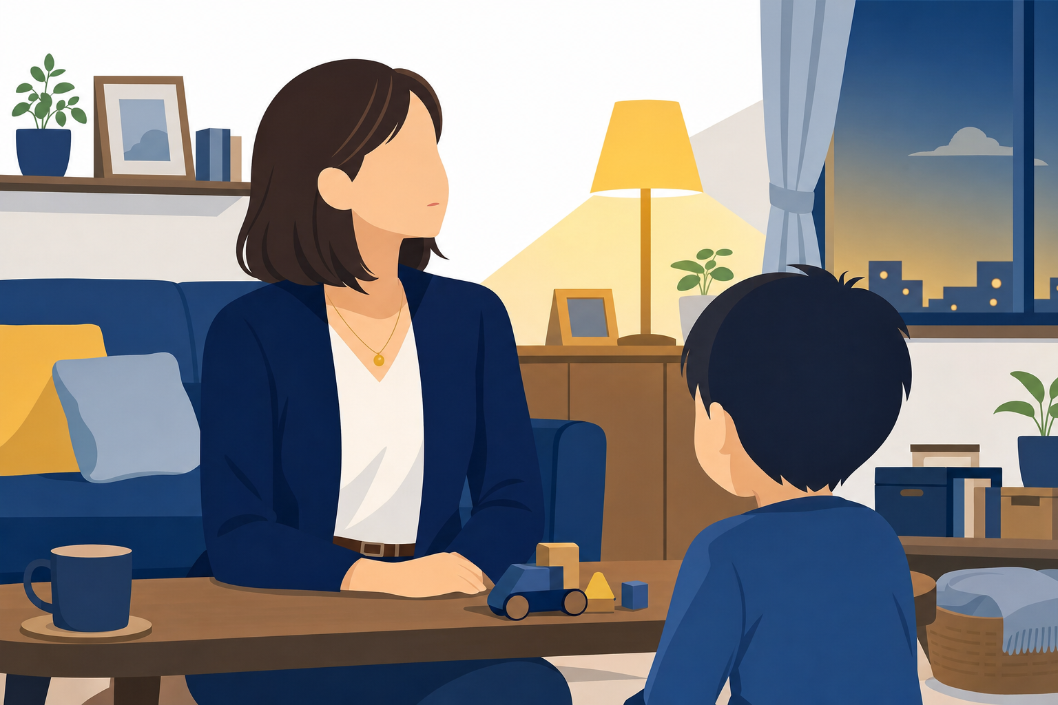 子どもと向き合いながらも遠くを見つめているシングルマザーのイメージ。複雑な感情・葛藤を表現。あたたかいトーン。