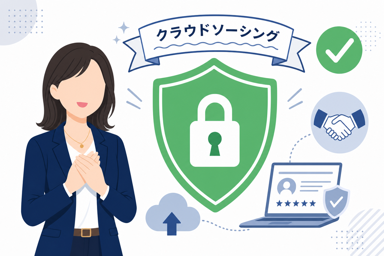 セキュリティロックのアイコンと、安心した表情の女性のイメージ。安全に使えるクラウドソーシングへの信頼感を表現。
