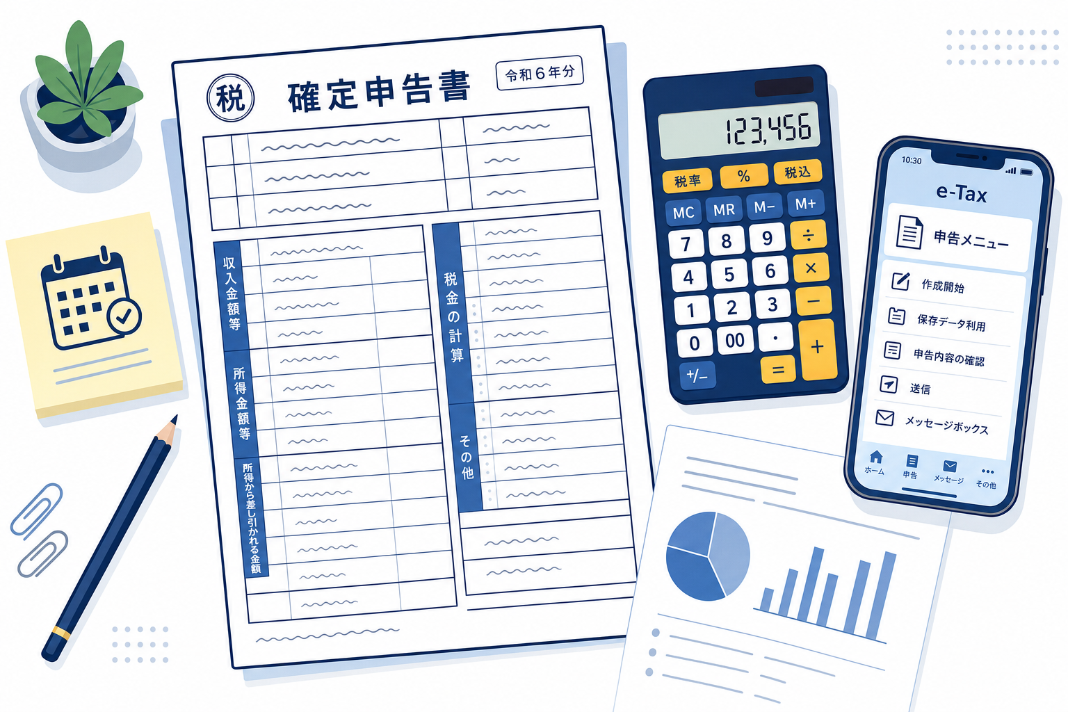 確定申告の書類と電卓とスマートフォンが並んでいるイメージ。税務・申告のリアルな手続きイメージ。落ち着いたトーン。
