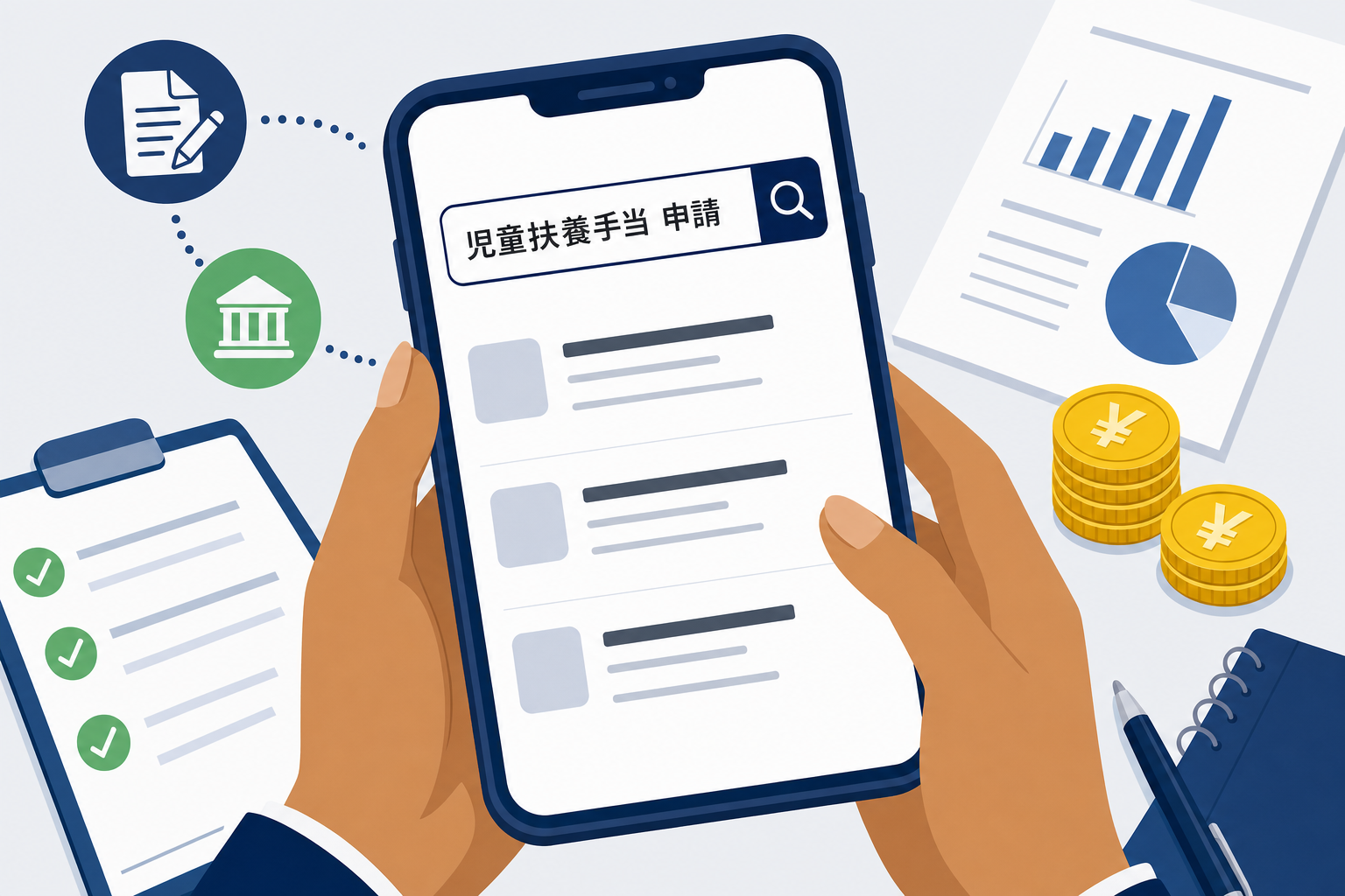 手元にスマホを持ちながら「シングルマザー 手当」と検索している女性の手元のクローズアップ