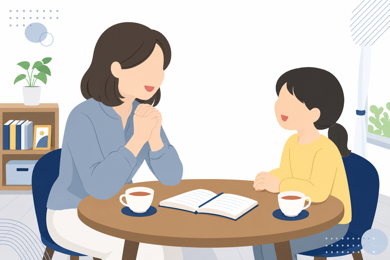 親子2人がテーブルで向かい合っている家庭的なシーン、子どもの笑顔がある