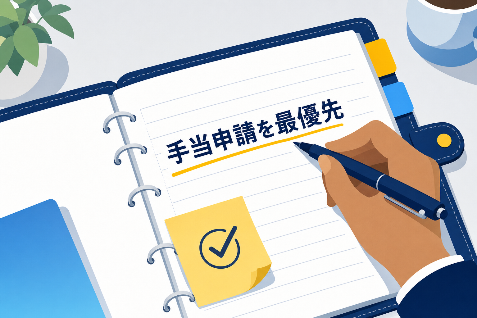 手帳に「離婚後は手当申請を最優先!」とメモしているシーン