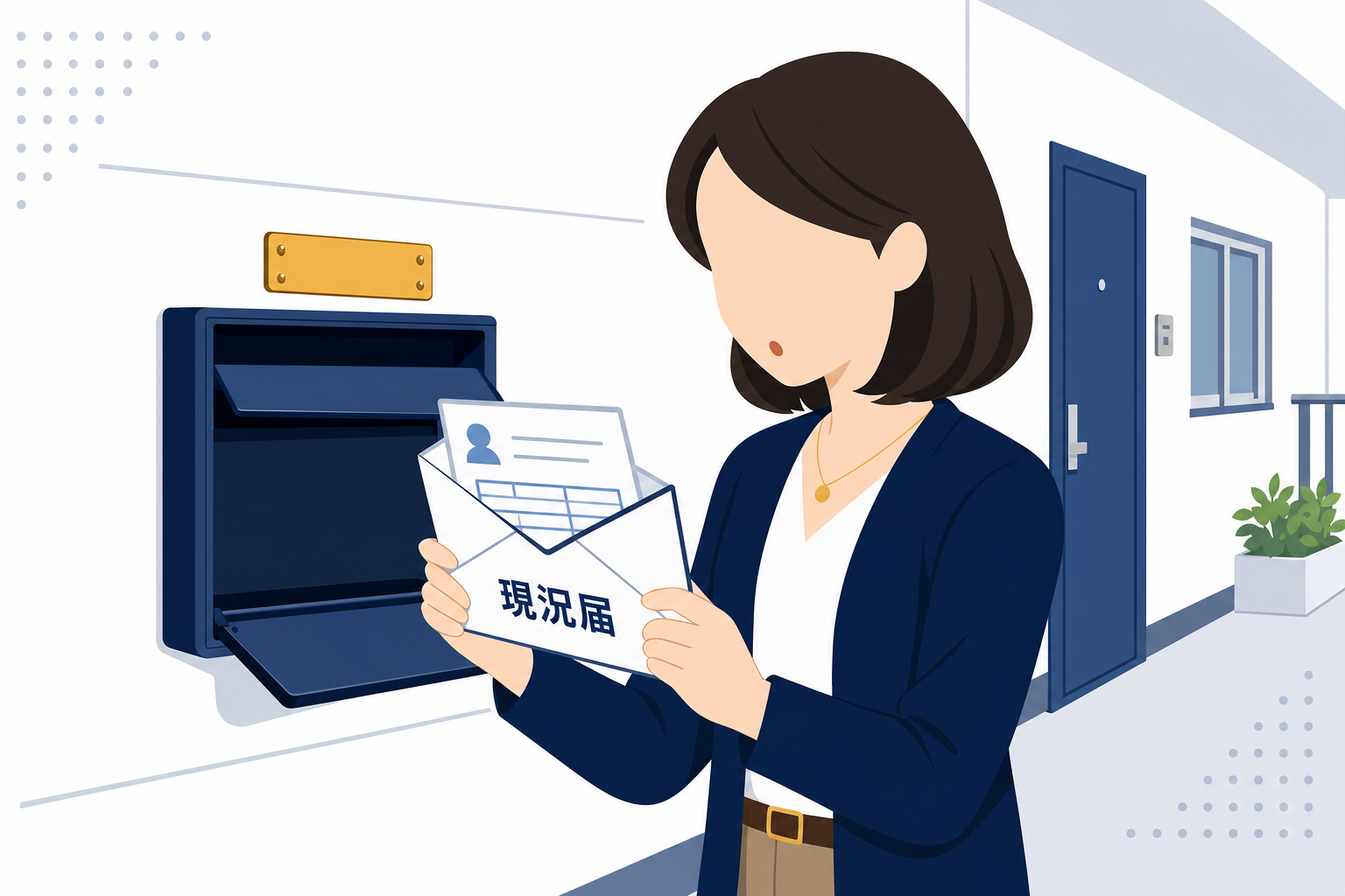 郵便受けに届いた現況届の封筒を確認している女性