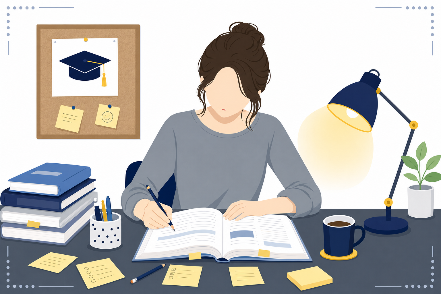 資格勉強をしているシングルマザーのデスクシーン、テキストと付箋