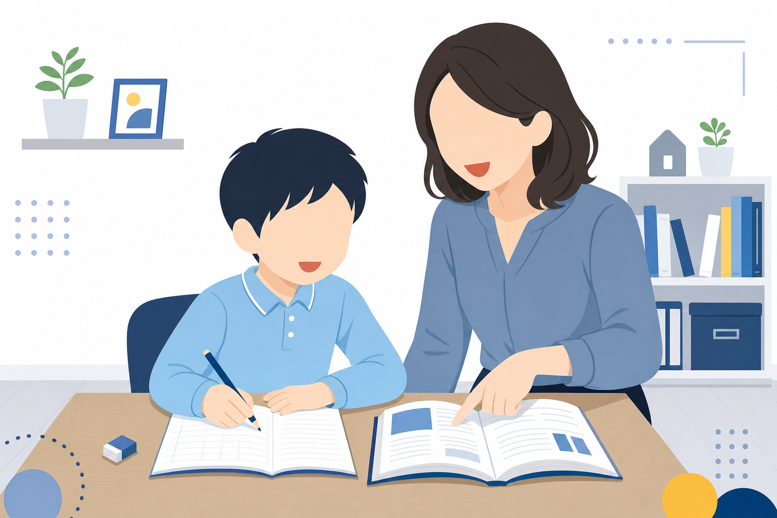 子どもが教科書を広げて学習しているシーン、親が隣でサポートしている様子