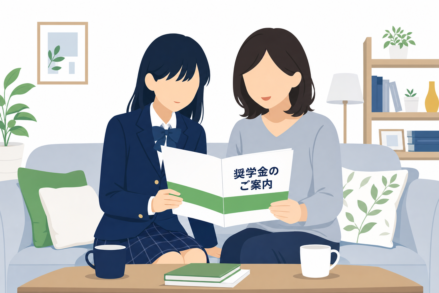 奨学金の案内パンフレットを眺めている高校生と母親のシーン