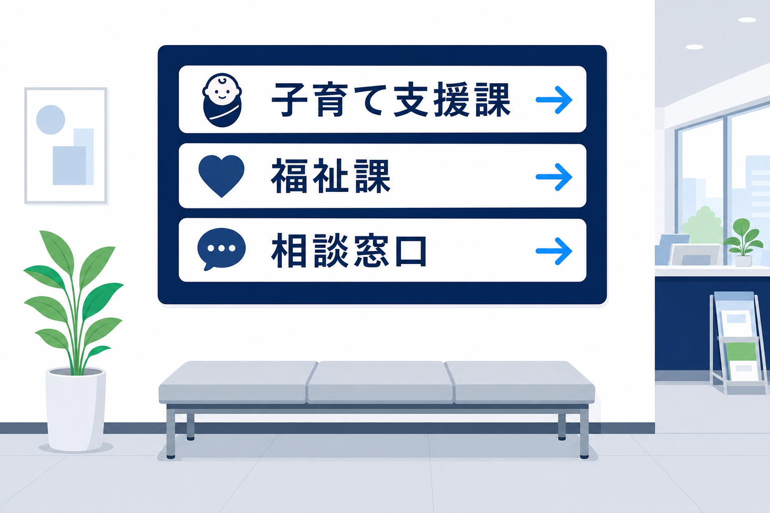 役所の「子育て支援課」「福祉課」などの案内板のイメージ