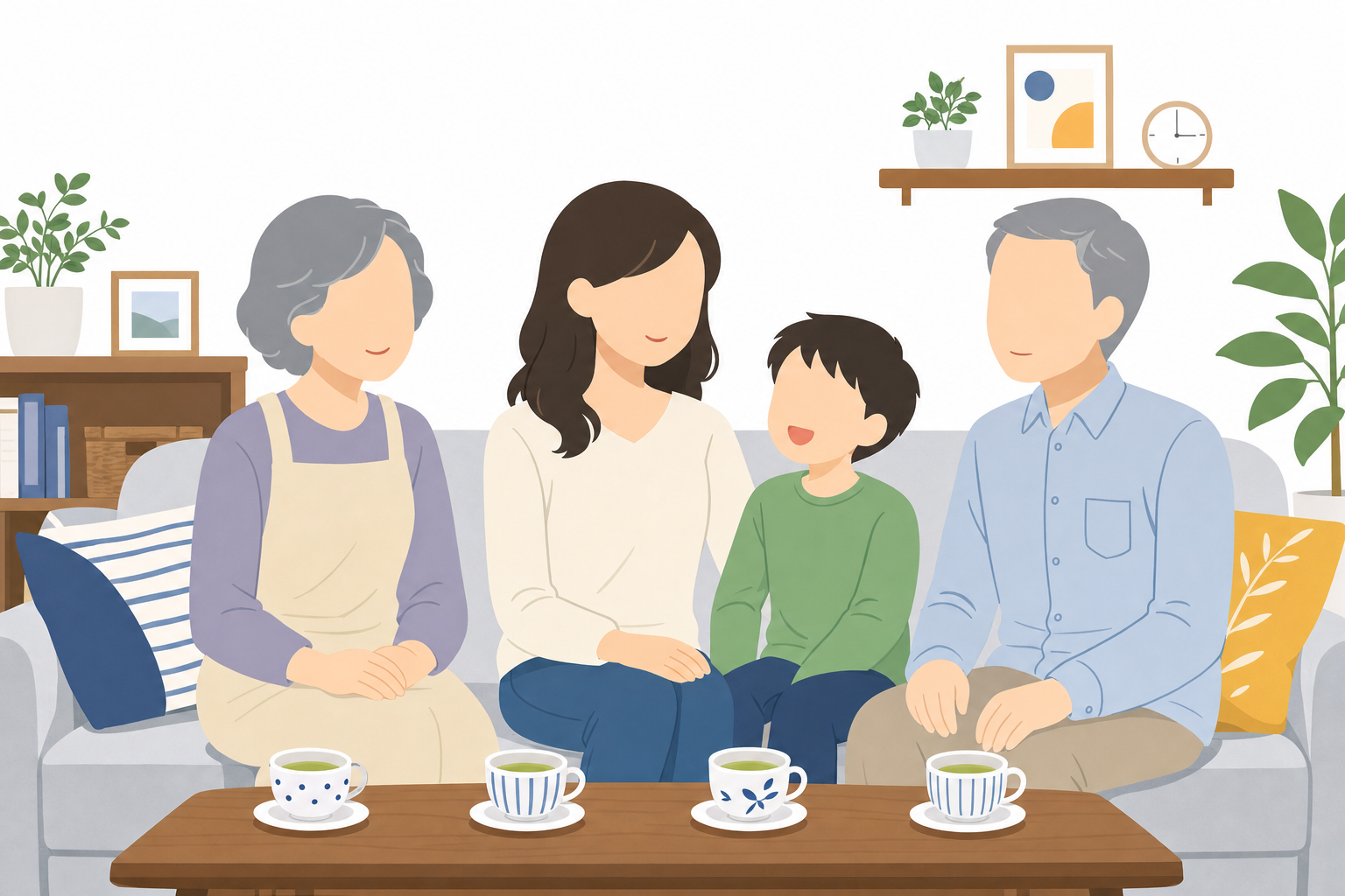 実家のリビングで子どもと両親がいる家族の団らんシーン