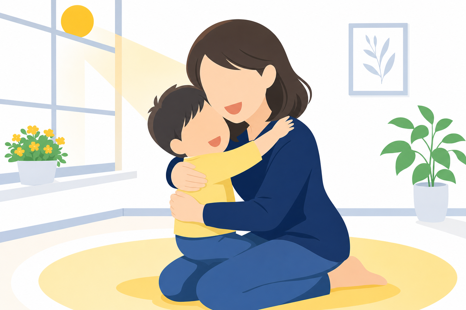 子どもを抱きしめているお母さんの温かいシーン
