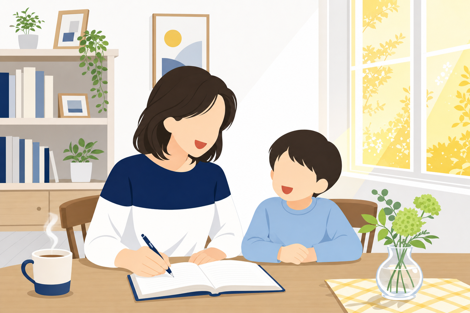 明るい部屋で子どもと一緒にテーブルに座り、前向きな表情でいるシングルマザーのシーン