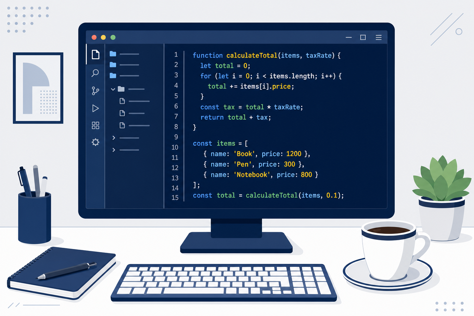 コードエディタが映るPCモニターと、コーヒーカップが置かれたデスク