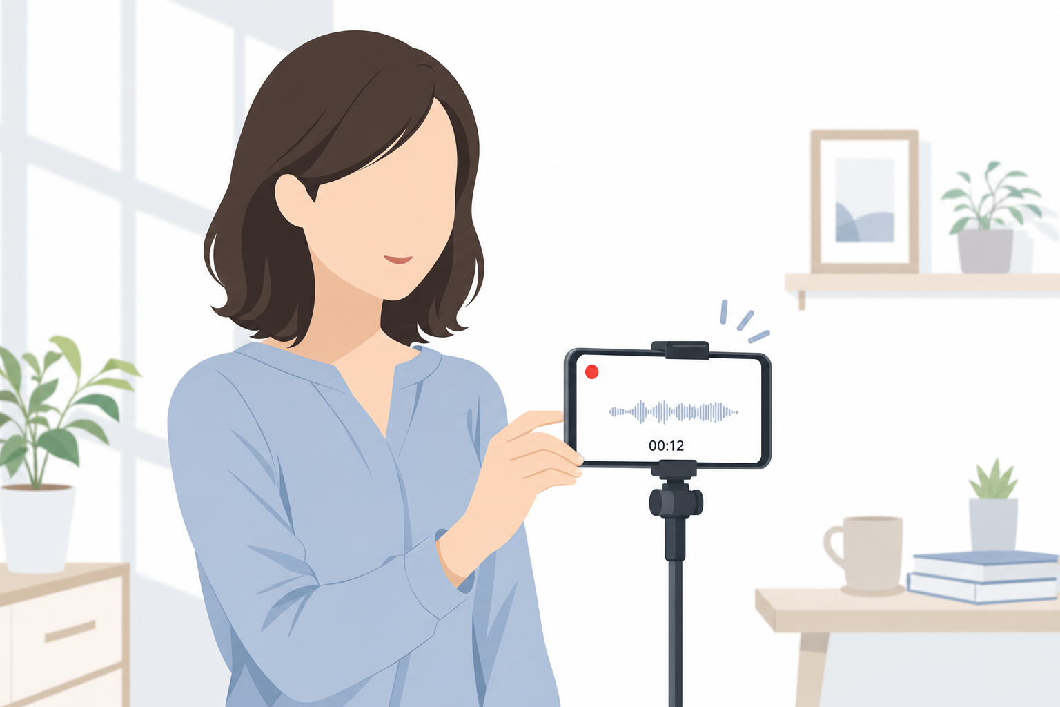スマートフォンでYouTube動画を撮影している女性。自然光の明るい部屋