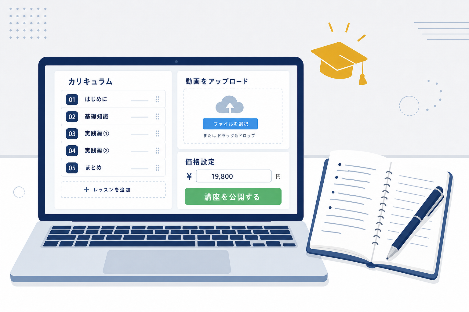 ティーチャブルやBASEでオンライン講座を作成している画面