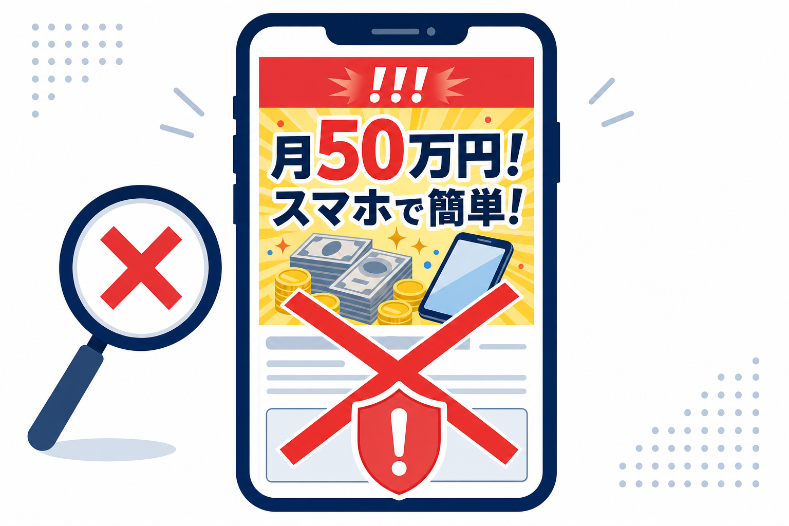 スマートフォンの画面に「月50万円!スマホで簡単!」という広告が表示されている