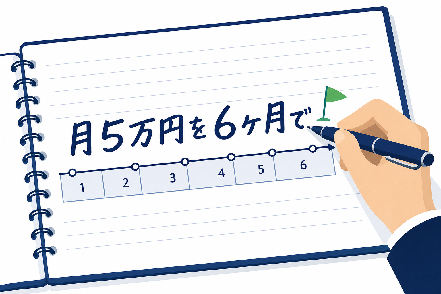 ノートに「月5万円を6ヶ月で」と書き込んでいる手元
