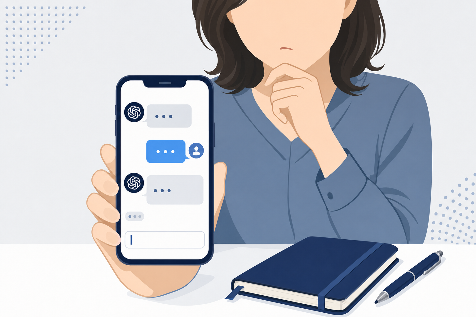スマートフォンでChatGPTの画面を見つめながら考え込む女性の手元