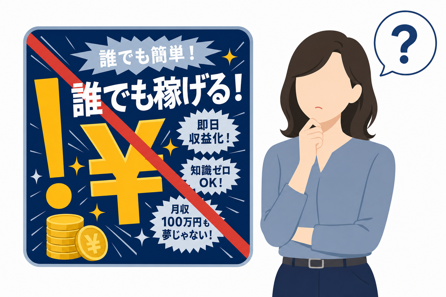 金額が大きく書かれた広告イメージと、それを冷静に見ている人の対比