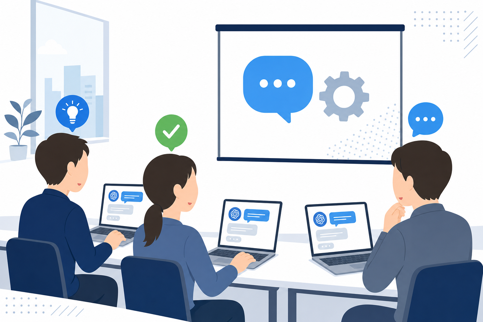 企業のオフィスでChatGPT活用の研修を受けているシーン
