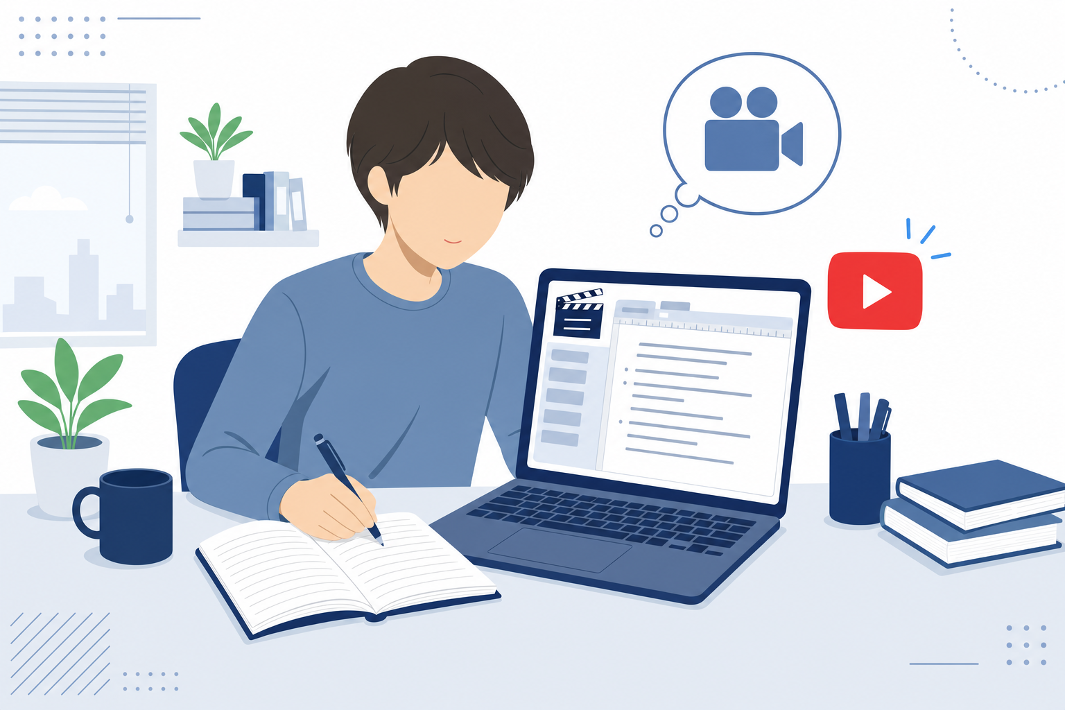 YouTube動画の台本をノートとパソコンで書いているクリエイターのデスク