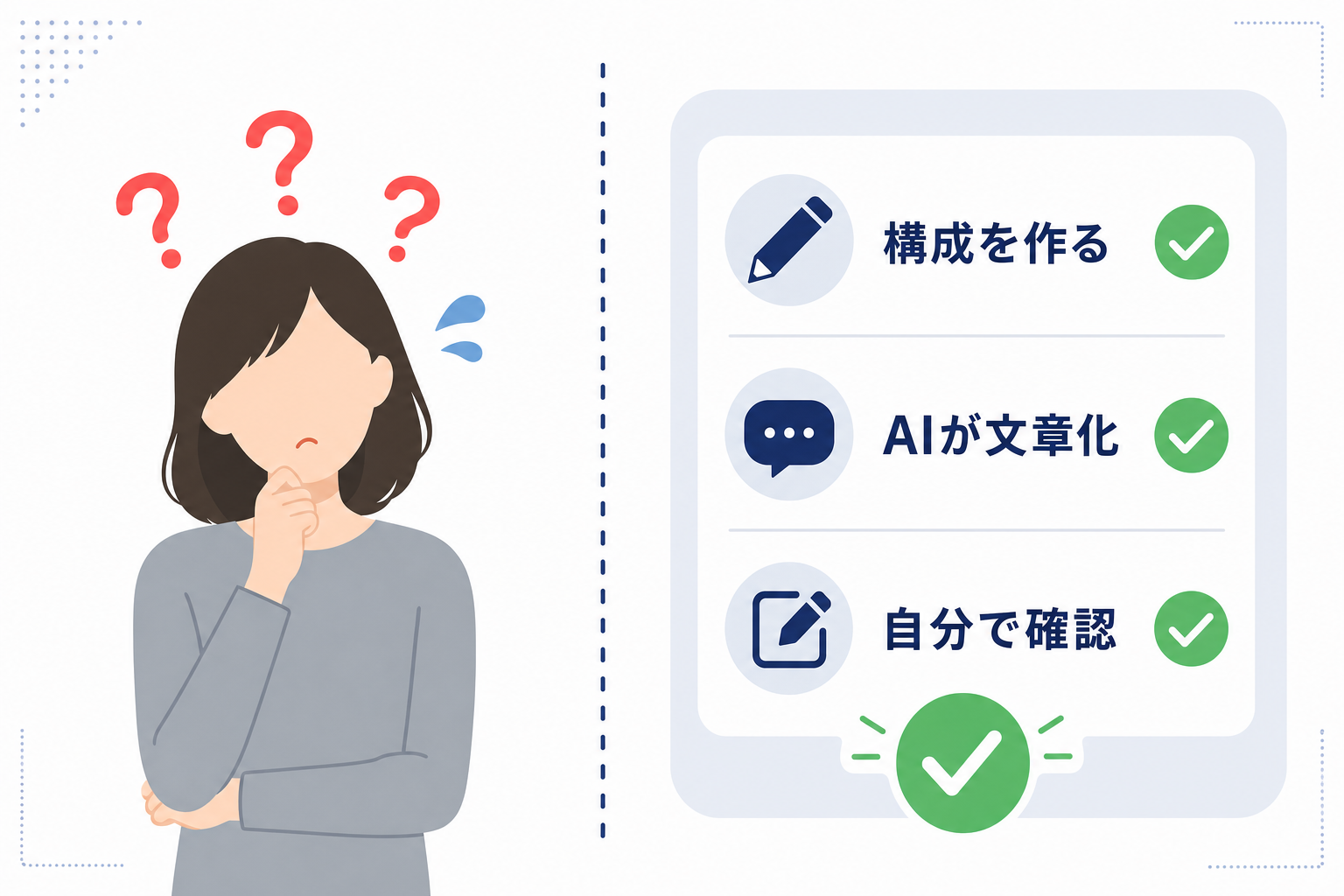 ライティングに不安そうな表情の人と「大丈夫」を示すチェックマークの対比