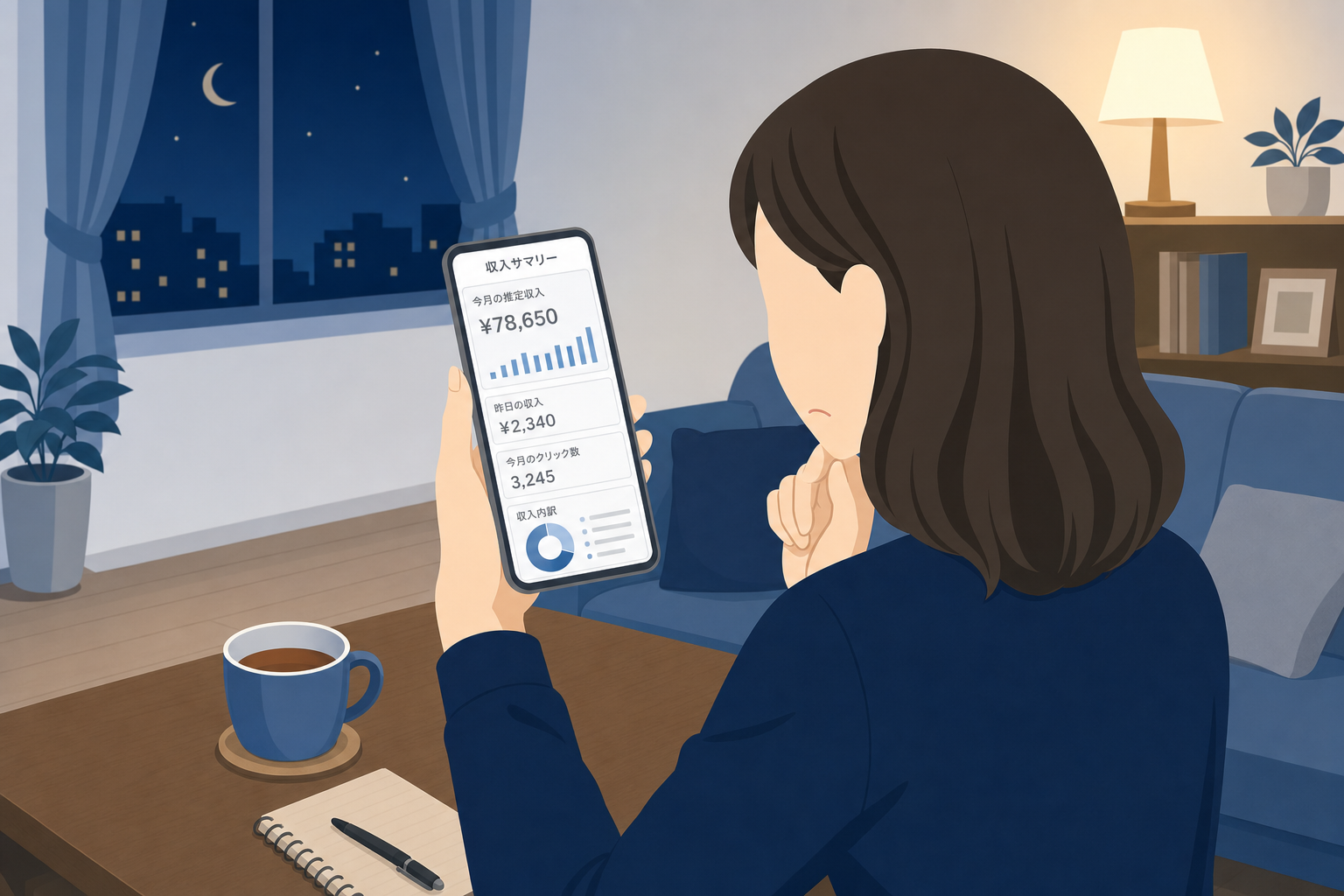 夜のリビングでスマホを見つめながら考え込む主婦の手元
