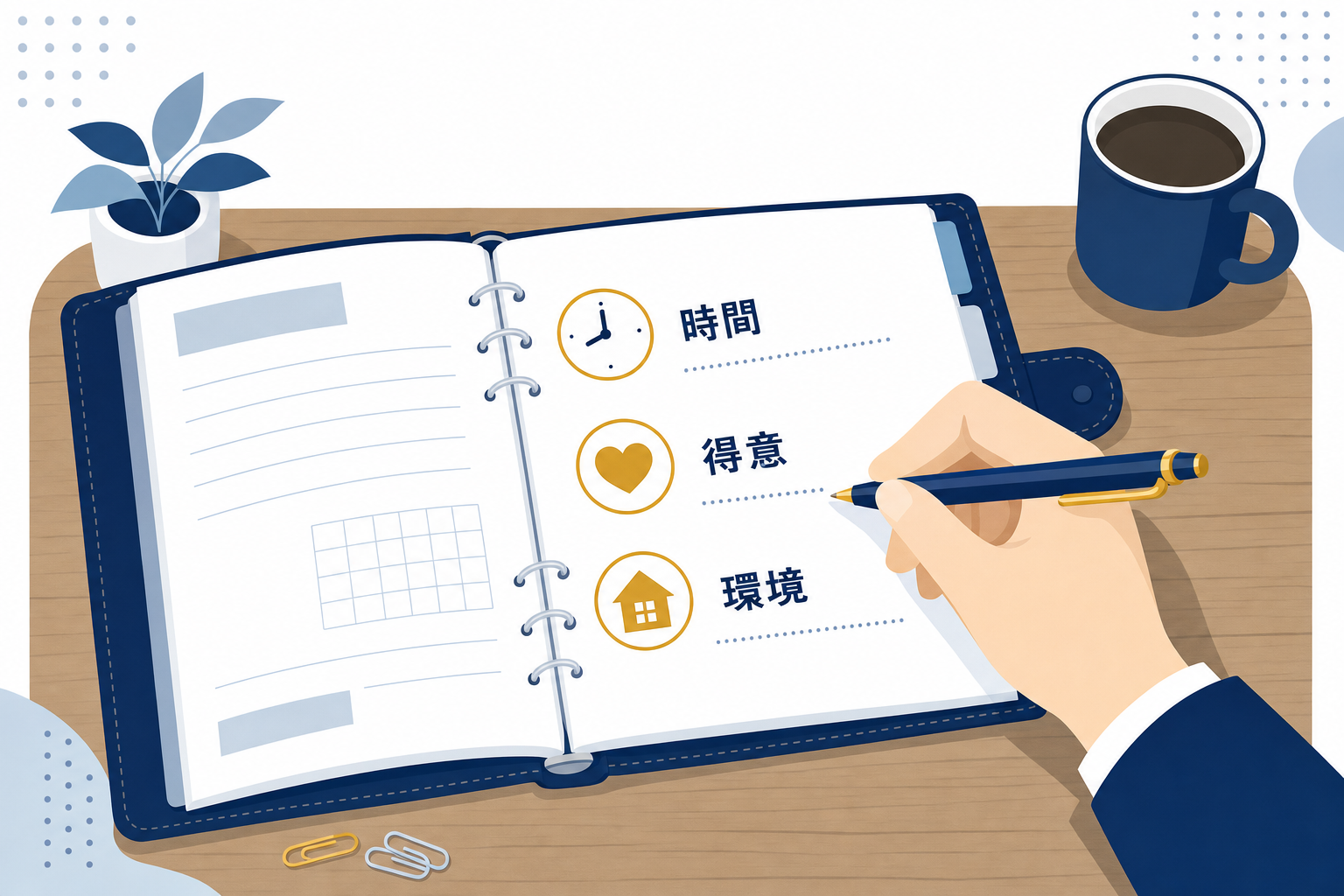 テーブルに置いたスケジュール帳に「副業の条件」と書き込む手元