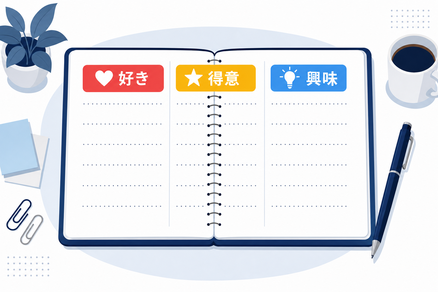 ノートに「好きなこと・得意なこと・興味あること」を書き出す手元のイメージ